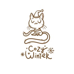 Cute cartoon kitten. Funny pet under the snow. Vector contour image no fill. 