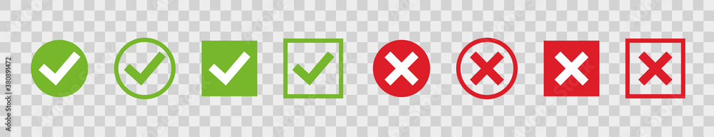 Poster set green check marks and red crosses of simple web buttons. circle and square. large collection of 