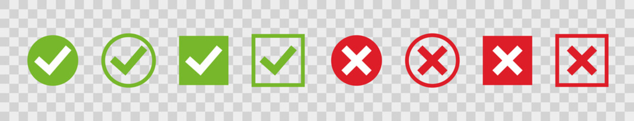 Set green check marks and red crosses of simple web buttons. Circle and square. Large collection of flat buttons. Vector illustration.