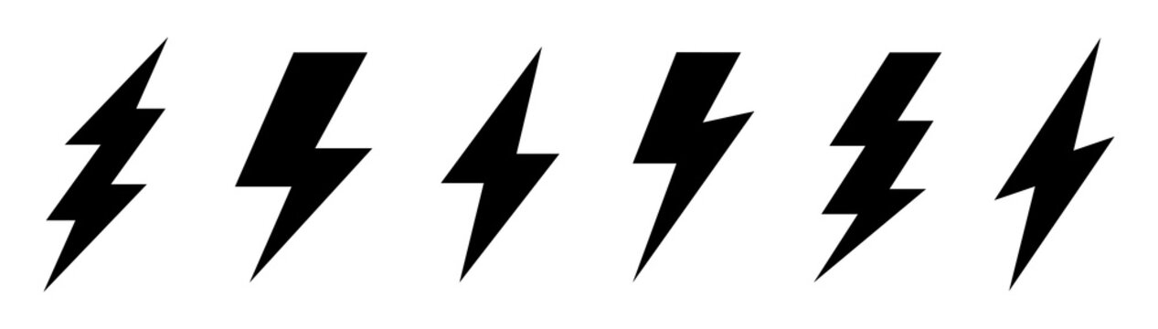 Lightning bolt icons set. Energy and thunder symbol. Lightning strike vector icon on white background. Vector illustration.