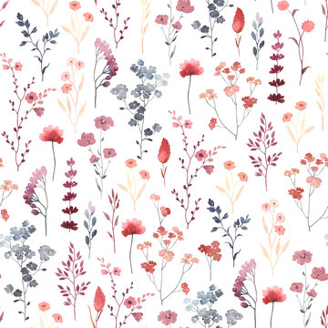 Wildflowers watercolor, seamless pattern with abstract flowers, plant and branches. Colorful meadow, illustration on white background in vintage style.