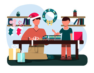 Father and son unpacking Christmas gifts. Flat illustration of a Christmas card. Cozy interior with Christmas decorations, sweets, Packed boxes, a wreath and a snow globe. An illustration for a