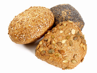 Mixed Organic Bread Rolls with Poppy and Pumpkin Seeds on white Background - Isolated