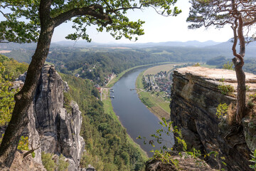 View from Bastei rocks to river Elbe in Saxony Switzerland. Germany