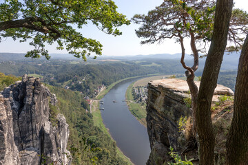 View from Bastei rocks to river Elbe in Saxony Switzerland. Germany