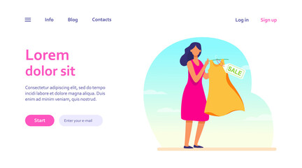 Cartoon woman holding dress for sale. Clothes, discount, store flat vector illustration. Shopping and retail concept for banner, website design or landing web page