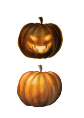 Halloween pumpkin. Two pumpkins, glowing, evil face. Isolated element for design patterns, cards, invitations.