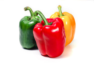 Bell peppers on white background. Red, Yellow and  Green fresh bell pepper