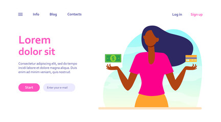 Cash vs credit card. Woman choosing between money and plastic card flat vector illustration. Payment, finance, budget concept for banner, website design or landing web page