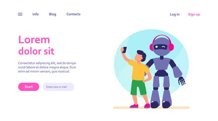 Boy taking selfie with humanoid. Child with cyborg, kid with robot flat vector illustration. Robotics, engineering, childhood concept for banner, website design or landing web page