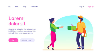 Courier delivering package to customer. Young woman receiving parcel flat vector illustration. Hand delivery, shipping service, online order concept for banner, website design or landing web page