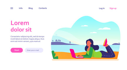 Happy woman lying on beach with laptop. Freelance, lake, computer flat vector illustration. Communication and digital technology concept for banner, website design or landing web page