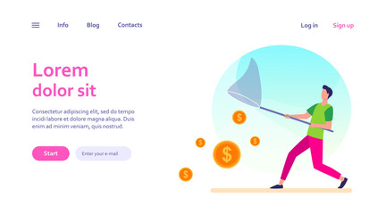 Man catching money with butterfly net. Cash, coins, dollar flat vector illustration. Finance, earning, income concept for banner, website design or landing web page