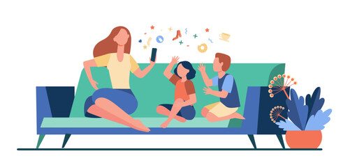 Mother sitting on sofa with kids and using smartphone. Couch, online, leisure flat vector illustration. Family and digital technology concept for banner, website design or landing web page