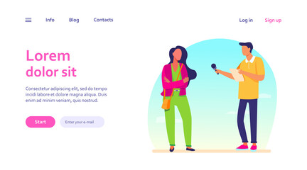 Male journalist interviewing young woman. Microphone, question, dialog flat vector illustration. Show and television concept for banner, website design or landing web page