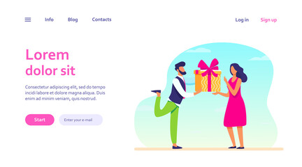 Bearded man giving gift to surprised woman. Present, boyfriend, couple flat vector illustration. Event and love concept for banner, website design or landing web page