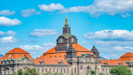 Fototapeta premium View of State Government Office in Dresden downtown across the river Elbe, Dresden, Germany, summer, blue sky