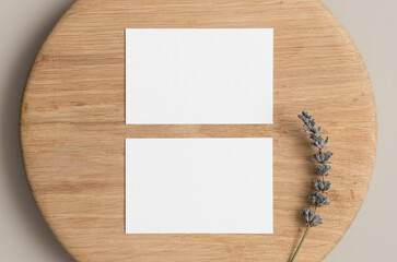 Two white business cards mockup with lavender. 85x55mm
