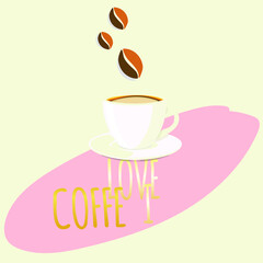 Drawing vector Cup of fragrant coffee and coffee beans on a pink background celebration, coffee day for website logo, product promotion, trademark design, clothing, packaging, Billboard
