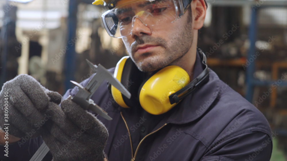 Poster smart factory worker using machine in factory workshop . industry and engineering concept.