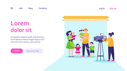 Camerawoman filming big family scene in studio. Parents and children posing for camera flat vector illustration. Operator job, shooting concept for banner, website design or landing web page