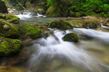 Naklejka na ściany i meble A mountain stream in the Polish Tatras, rocks covered with moss