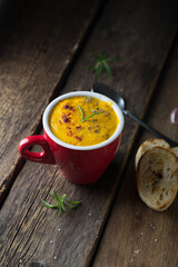 Hot pumpkin soup with croutons