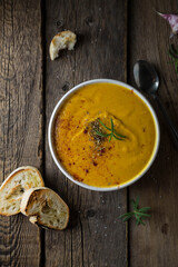Hot pumpkin soup with croutons