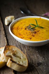 Hot pumpkin soup with croutons