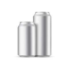 Two metallic cans mockup, front view, isolated on white background. Vector illustration
