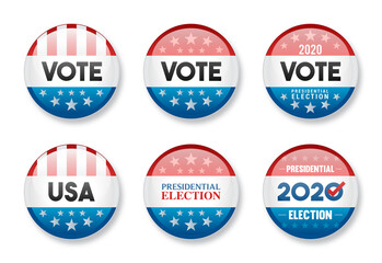 Set of Vote in 2020 USA Presidential Election Round Glossy Badge isolated on white background vector illustration