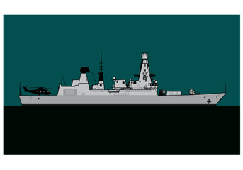 Obraz premium HMS Daring. Modern warship. Royal navy type 45 daring class guided missile destroyer. Vector image for illustrations and infographics.