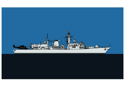 Modern warship. Royal navy type 23 duke-class anti-submarine frigate. Vector image for illustrations and infographics.