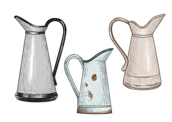 .Rustic Pitcher Vase. Vector set of different vintage jugs. French Style. Jugs for Home Decor. Color sketch.