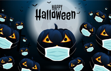 happy Halloween day concepts, groups of Halloween pumpkins with wearing masks. Spooky pumpkins with face masking under the bright moon and dark bats. Halloween design with text Halloween design.