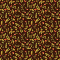 Clusters of autumn red berries and fallen leaves. Seamless pattern with watercolor illustrations on a maroon background. Small print for fabric, textile, paper  designs. Stock ornament with plants