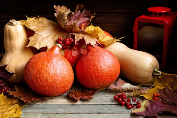 A composition of orange and beige pumpkins, on a wooden table covered with yellow autumn leaves and berries, next to a red lamp.