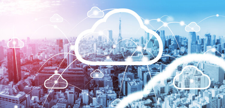 Cloud computing technology and online data storage for global data sharing. Computer connects to internet network server service for cloud data transfer presented in 3D futuristic graphic interface.