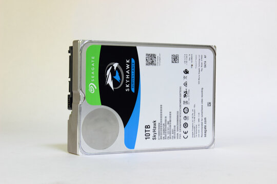 Sochi, Russia - September 26 2020: Seagate 10TB SkyHawk hard disc drive or HDD for server systems