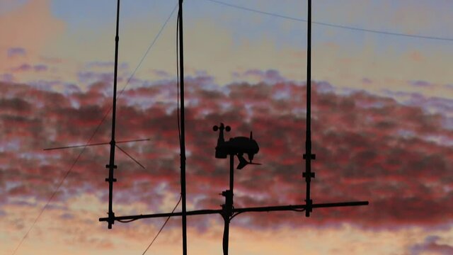 Tilt up from a weather station and ham radio aerials mounted on a pole. Weather station anemometer moving fast. Red clouds and blue sky.