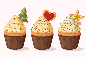 Collection of Christmas cupcakes. Design for Holidays greeting card, poster, banner, postcard, print. Vector illustration.