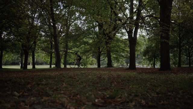 A man riding his bike through a patch of dark trees.