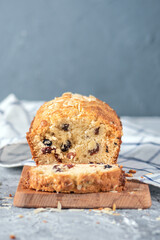 Fresh and delicious raisin bread on light background