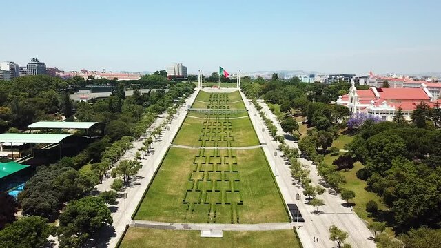 Drone Shot Of The Edward VII Park In Lisbon, Portugal.