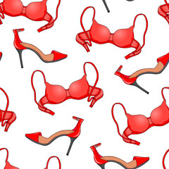 Seamless pattern of red female open shoes and a red bra. White background. Hand drawing. Vector illustration.