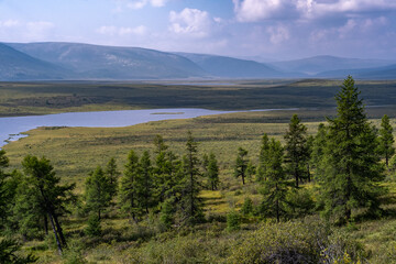 The source of the Irkut River from Lake Ilchir. Siberia, Eastern Sayan mountains