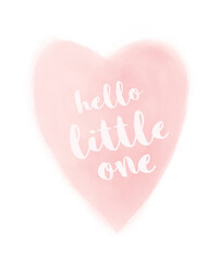 Cute Simple Baby Shower Vector Card. White Hello Little One and Pastel Pink Heart Isolated on a White Background. Lovely Baby Girl Nursery Art.