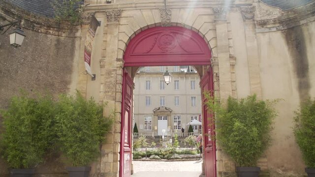 Tilt Shot Looking Trough The Front Gate Of The Bayeux Tapestry Museum In Bayeux.