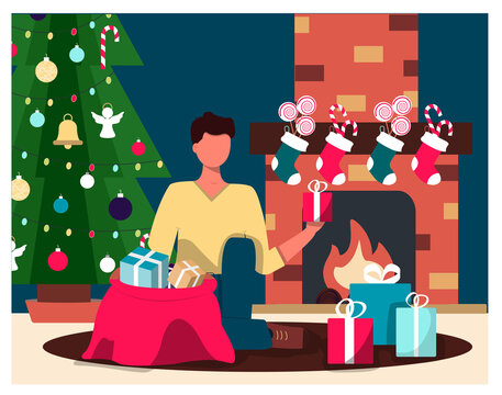 A man on the background of a Christmas tree and a fireplace takes out Christmas gifts. Flat illustration of a Christmas card. Cozy interior with Christmas decorations. Fireplace with holiday socks and