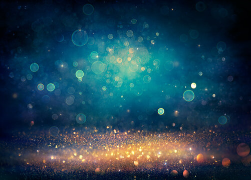 Abstract Xmas Background - Golden And Blue Glitter With Defocused Lights - Vintage Toned
